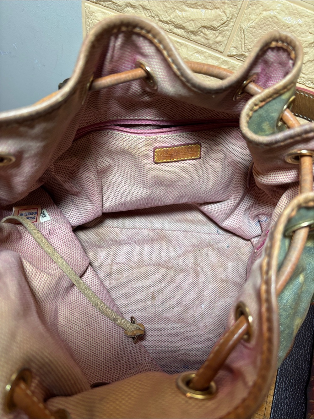 Dooney & Bourke Brown Leather Trim Green Monogram Bucket Bag w Mint Pink Wallet - Picture 15 of 17